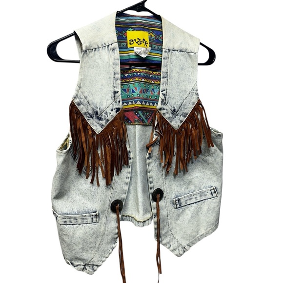Western 80’s Stone Washed Fringe Denim Vest by Bazerk Medium - Picture 3 of 16